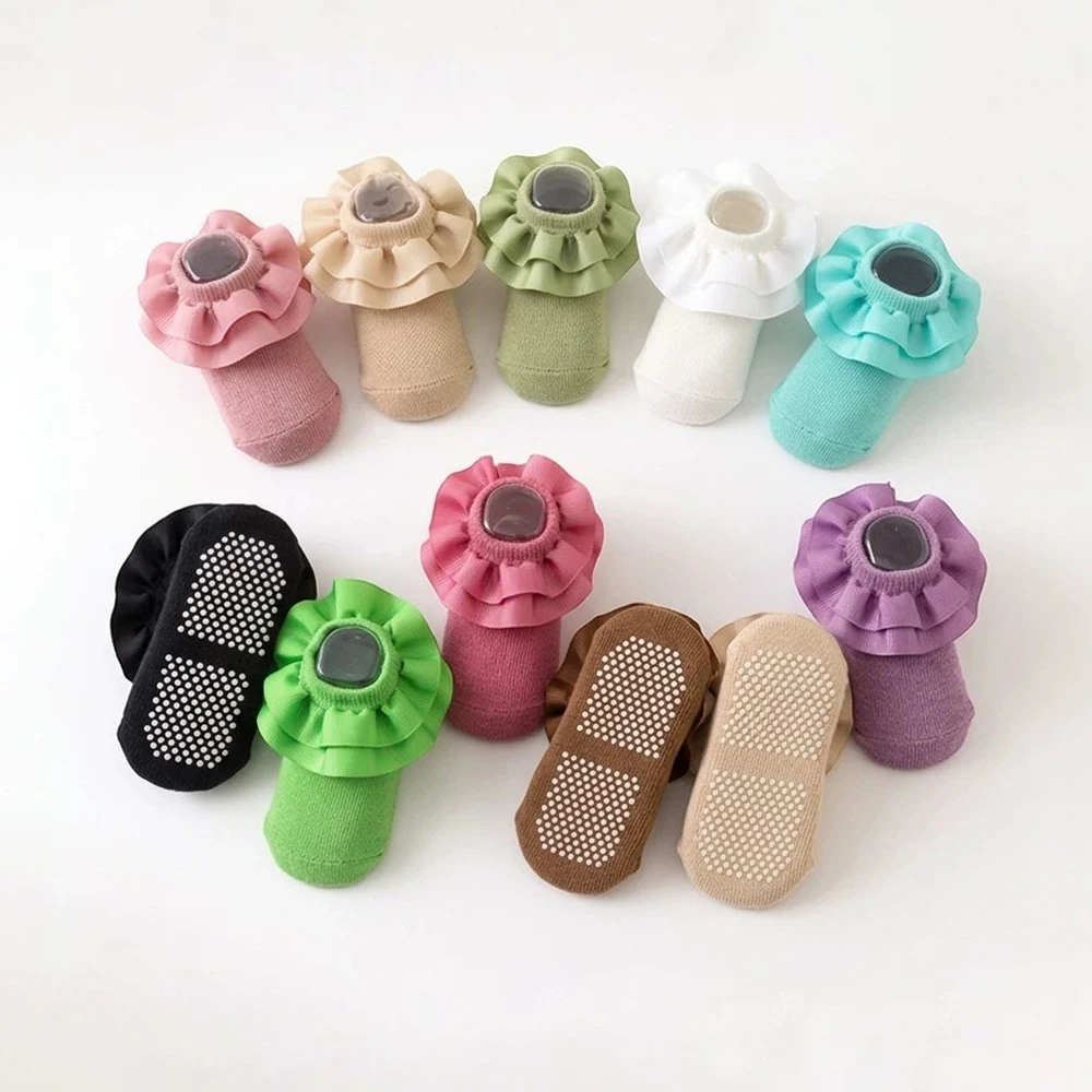 6Pairs Non-Slip Baby Floor Socks Cotton Princess Girls Frilly Sock With Lace Infant Baby Ankle Socken Cute Children Sock