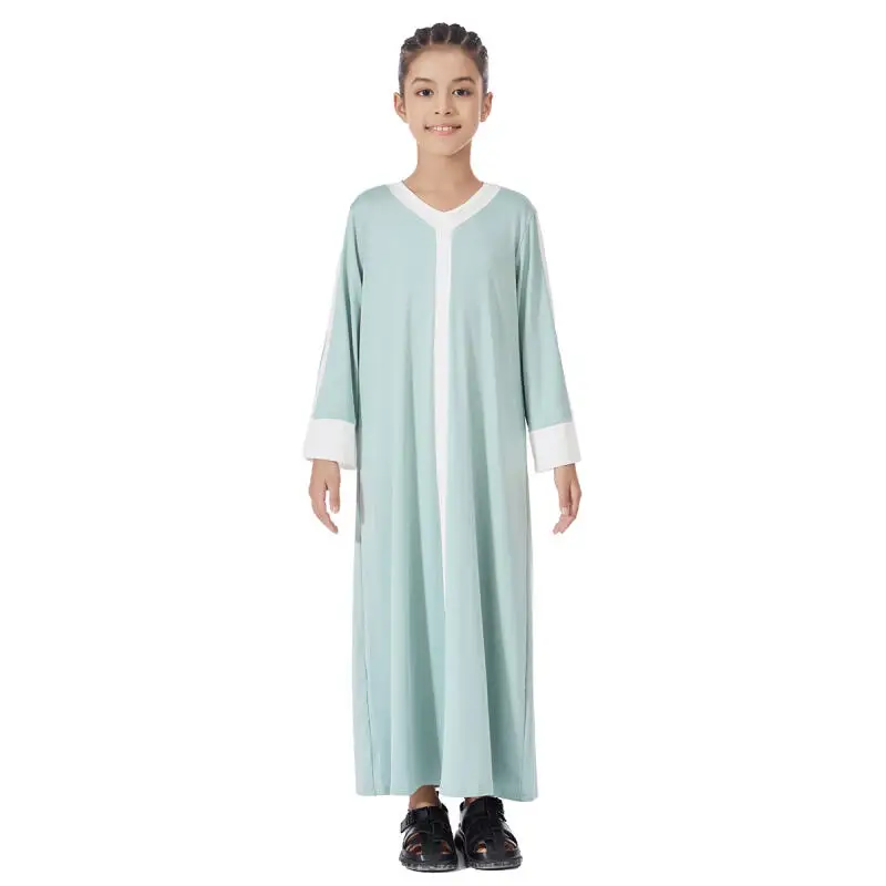 Girls V Neck Color Block Abaya Long Sleeve Loose Maxi Dress Pockets Muslim Children Islamic Jilbab Dubai Arab Girl Prayer Robe