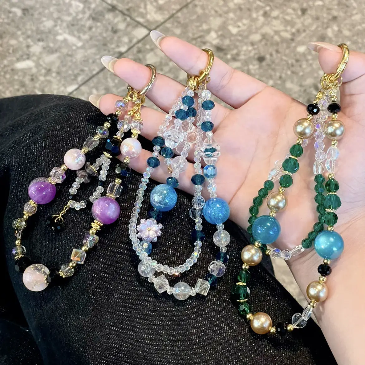 

High-end Boutique Double Chain Wrist Lanyard Beaded Crystal Hanging Chain Mobile Phone Chain Versatile Bag Pendant Chain Pendant