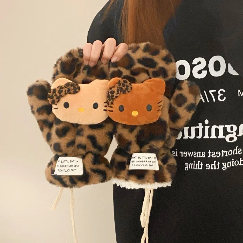 الكرتون كيتي الشتاء ليوبارد طباعة الموسع قفازات سميكة يندبروف سميكة الدافئة معلقة الرقبة قفازات كاملة الأصابع هدية الكريسماس