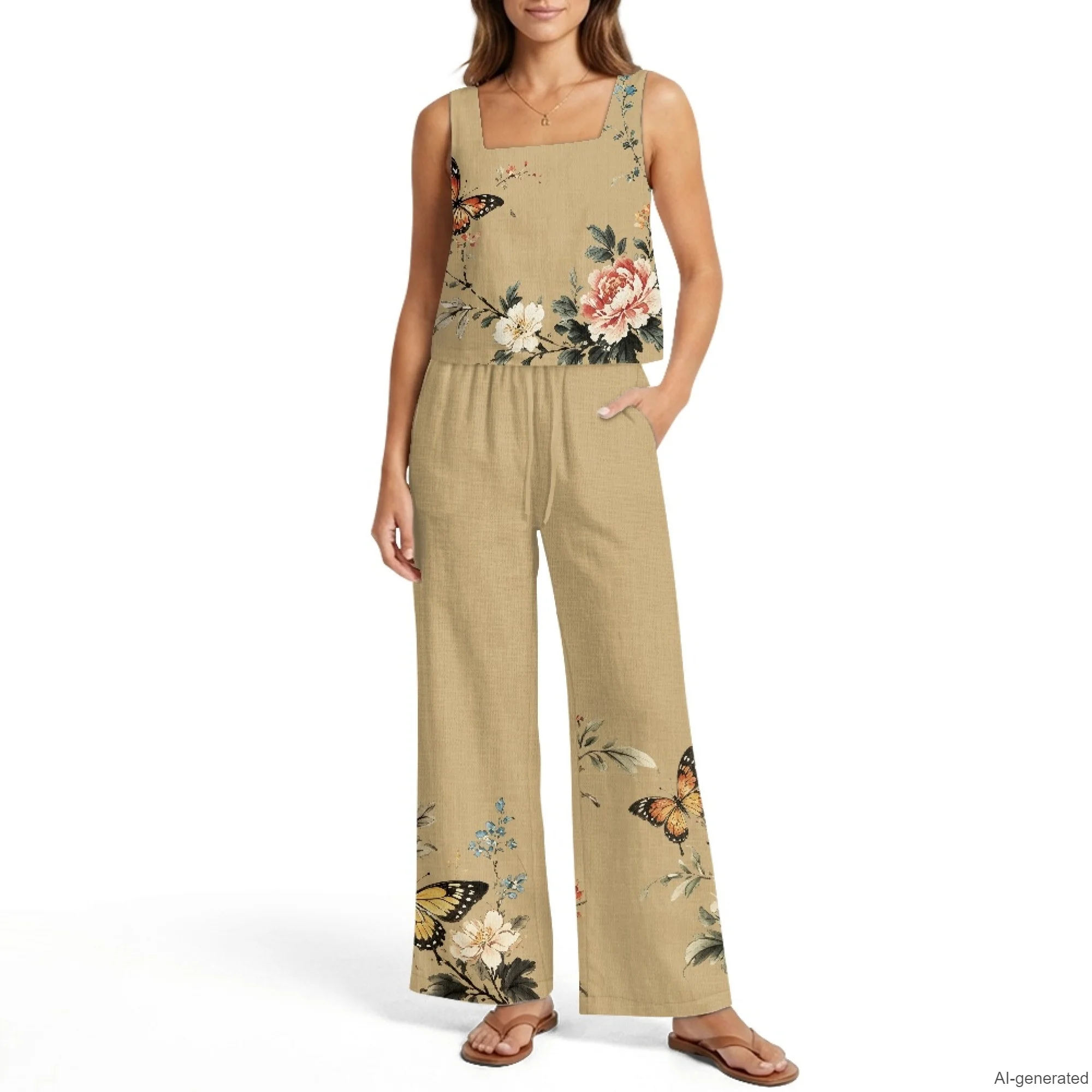 INSTANTARTS Women's Vest Wide-Leg Pants Linen Suit 2Pc Summer Casual Outfits Butterfly Sleeveless Vest Wide Leg Pants S-2XL