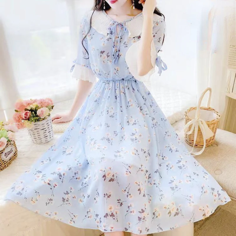 

Women's Summer Chiffon Dress for Women 2023 Short Sleeve Beading Slim Casual Knee length Sun Dresses