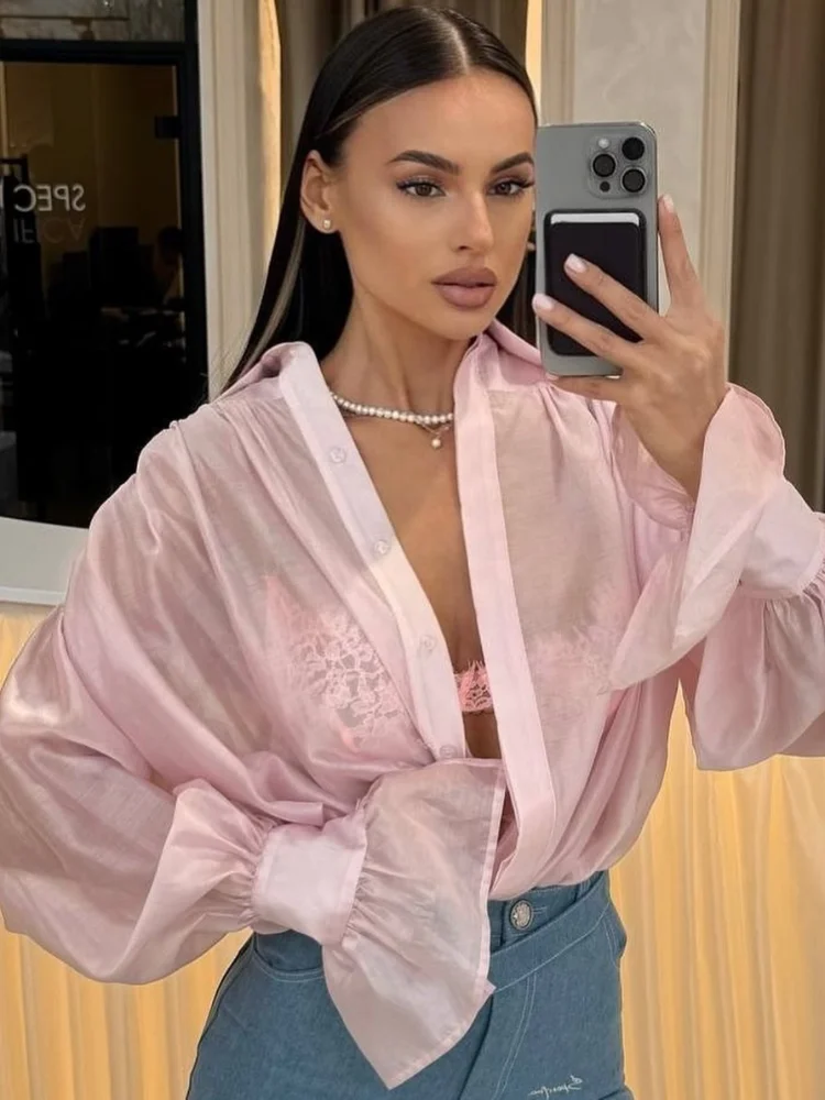 

Повседневная прозрачная женская рубашка с длинным рукавом, модная однотонная блузка с V-образным вырезом на одной пуговице, свободного кроя, для ежедневной носки и поездок на работу, коллекция 2026