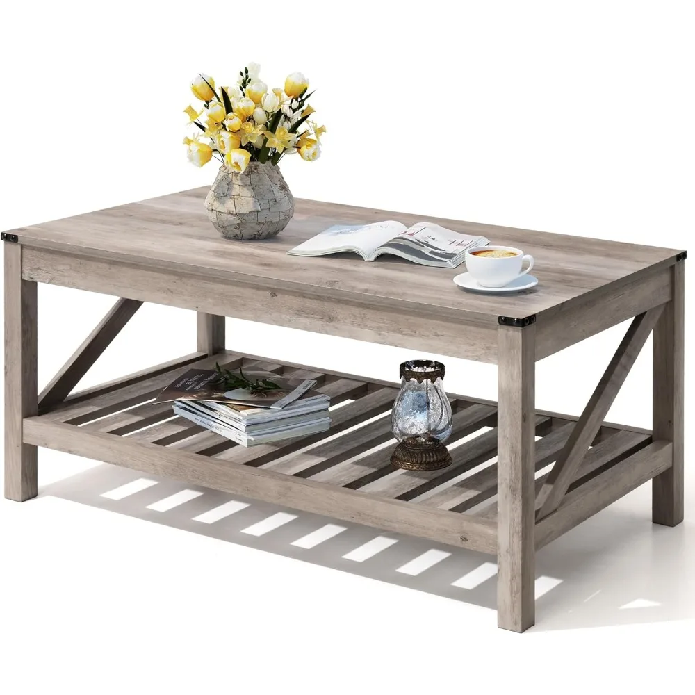 

Farmhouse Coffee Table Shelves - Rectangular Table with Storage for Living Room, Wood Coffee Table with Sturdy Frame