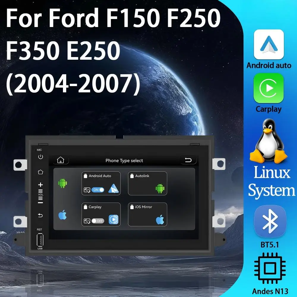 

Автомагнитола Linux Smart Car для Ford F150 F250 F350 E250 (2004-2007), 7-дюймовый автомобильный плеер с беспроводными Android Auto и CarPlay, видео