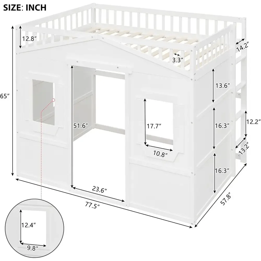 Full-Size Loft Bed for Kids with Windows, Guardrail, Playhouse, No Box Spring, 51 Underbed Height, White