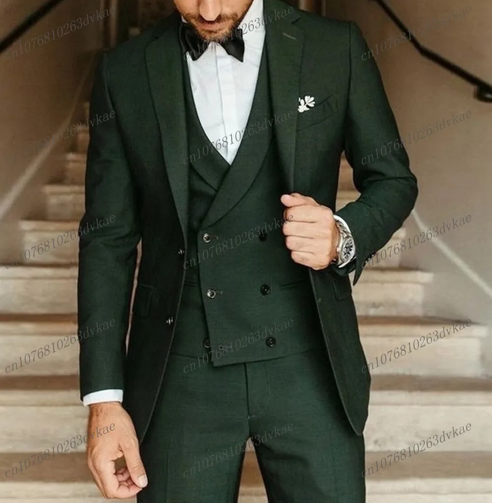 

New Formal Occasion Dark Green Business Men Suit Groom Groomsman Wedding Party Prom Male Tuxedos 3 Piece Set Blazer Vest Pants