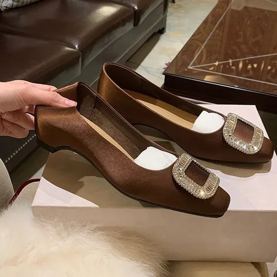 Women's Shoes 2026 Spring Exquisite Square Head Satin Surface Shallow Mouth Coarse Heel Middle Single order Shoes for Women