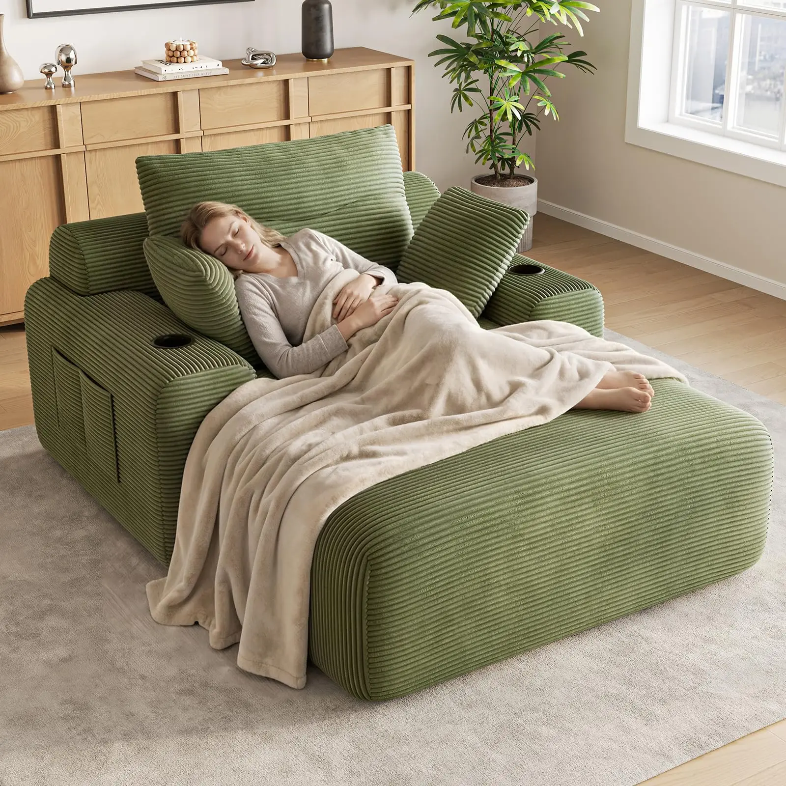 69” Boneless Chaise Lounge Chair Indoor, Oversized Chaise Lounge Reading Chairs with 4 Side Pockets and 2 Cup Holders