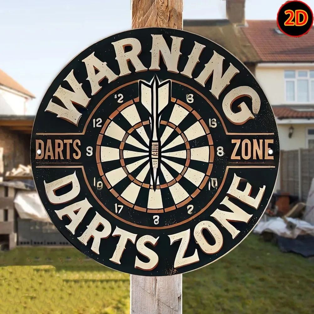 Retro Dartboard Warning Sign Metal Plaque, Hazard Arrow Pub Game Room Decor