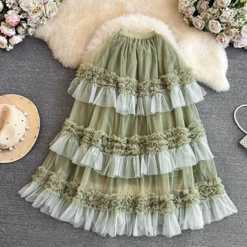 

Deeptown Fairycore Sweet Long Skirts Women Elegant Korean Style Ruffle Cake Skirt Cutecore Fashion High Waist Mesh Layered Skirt