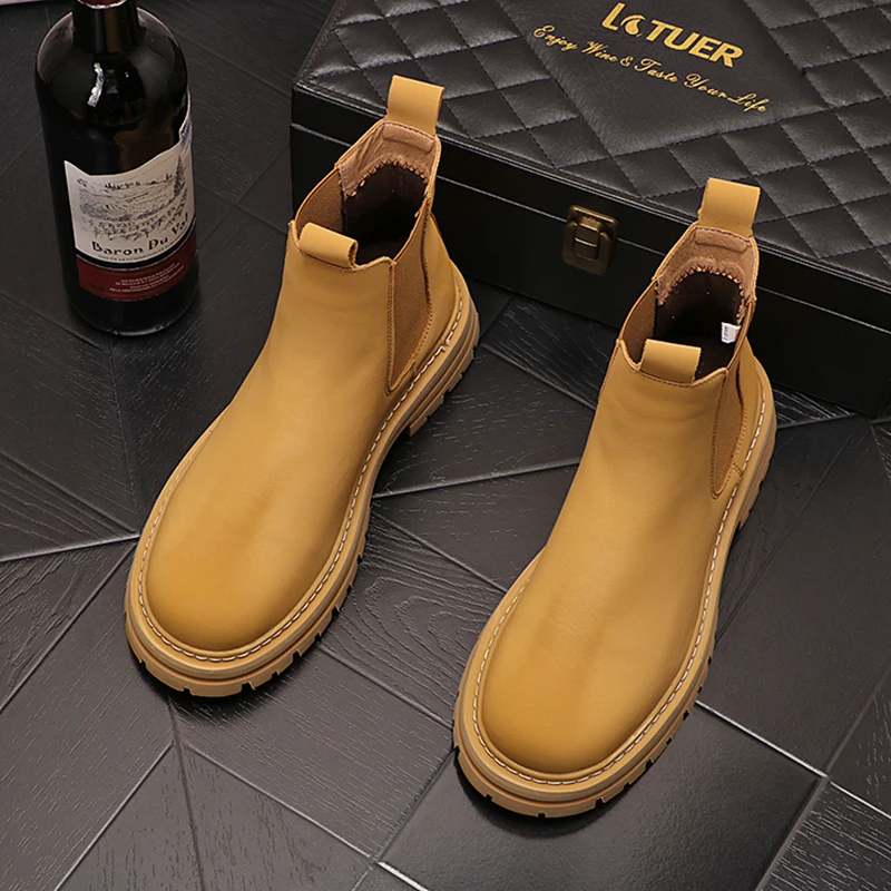 men's leisure punk party dress chelsea boots yellow genuine leather shoes high top cowboy platform boot handsome ankle botas man