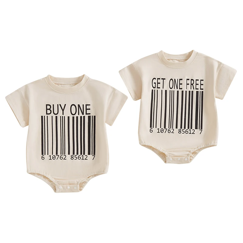 Baby Summer Romper Letter QR Code Print Short Sleeve Round Neck Jumpsuit for Boys and Girls