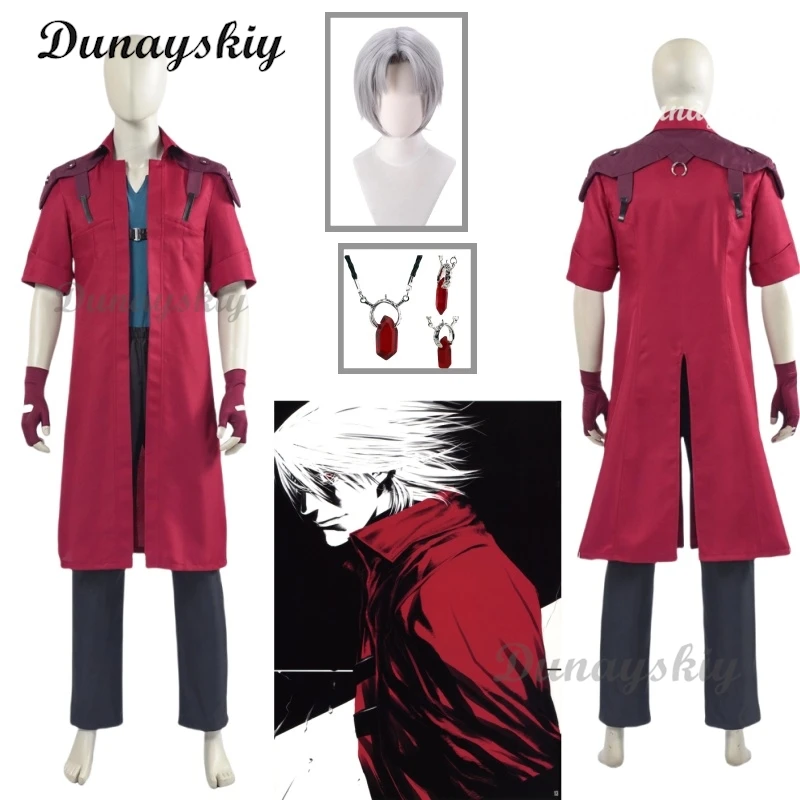 

Dante Cosplay Costumes Wig Red Coat Glove Necklace Outfits Men Disguise Long Windbreaker Uniforms Prop Halloween Carnival