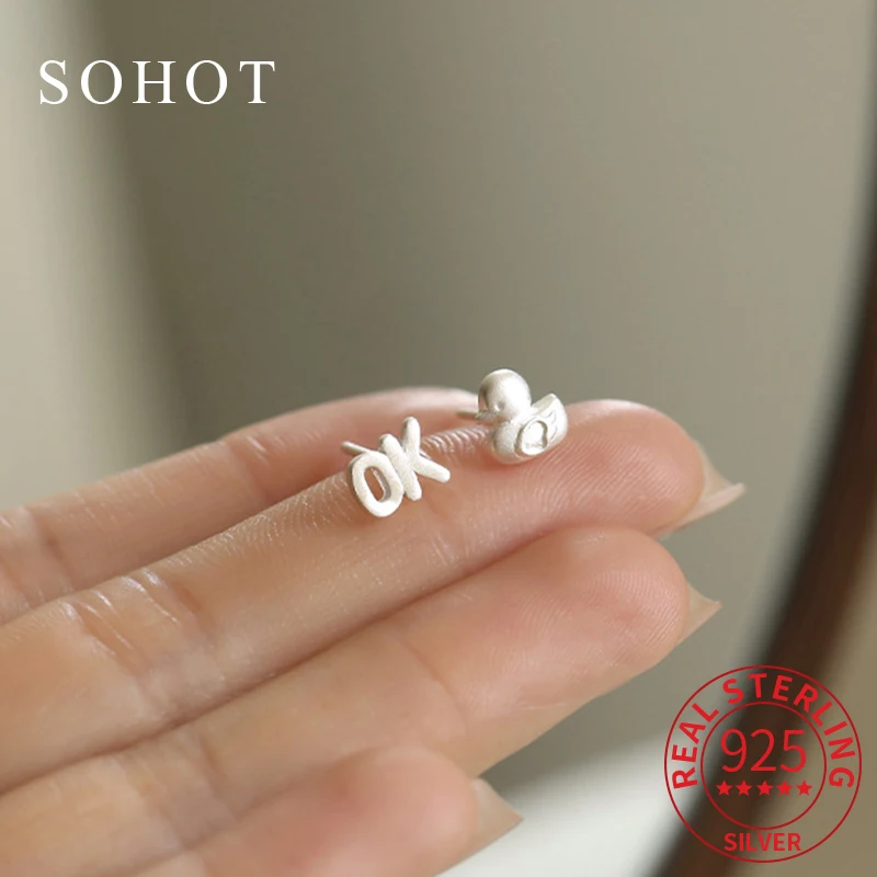 

Real 925 Sterling Silver Minimalist Hollow Letter Tiny Stud Earrings for Women Cute Fine Jewelry Personality Animal Accessories