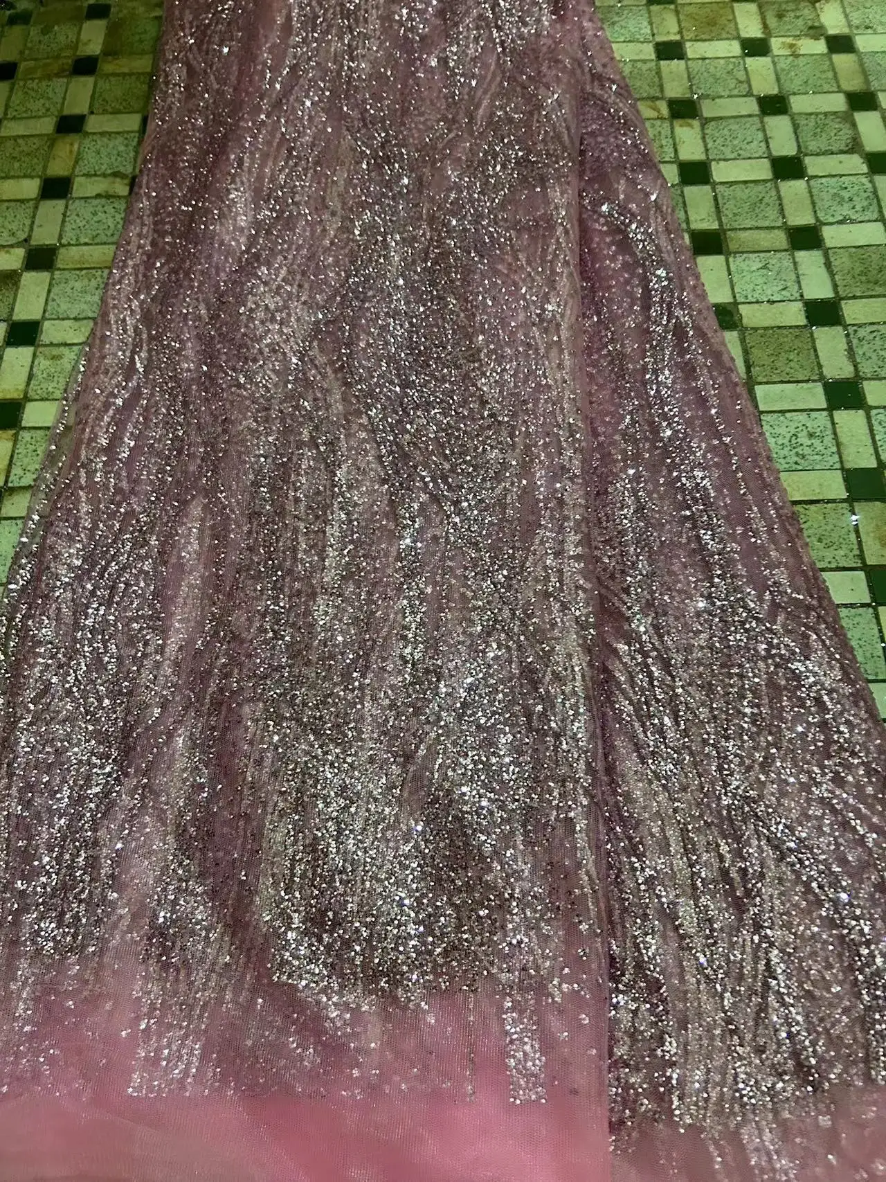 Wave Design H-72409 Embroidered Tulle Lace 5Yard/Lot with Glued Glitter Super Quality Glitter Lace Fabric in Pink Color