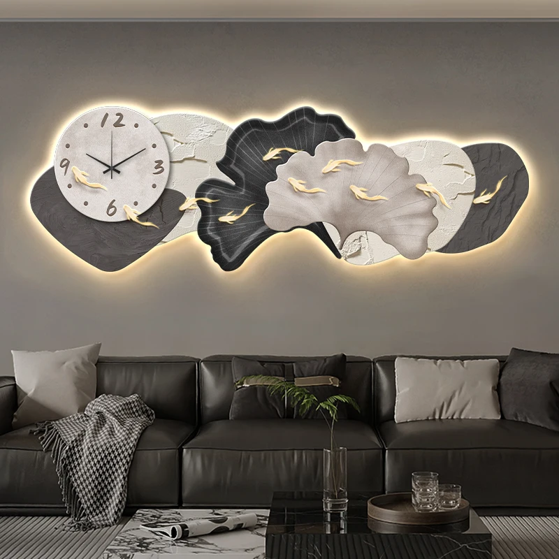 Nine Fish Pattern Living Room LED Wall Light with Clock and Watch 2025 New Style Sofa Background Wall Lamp Silver Maple Leaf Emi