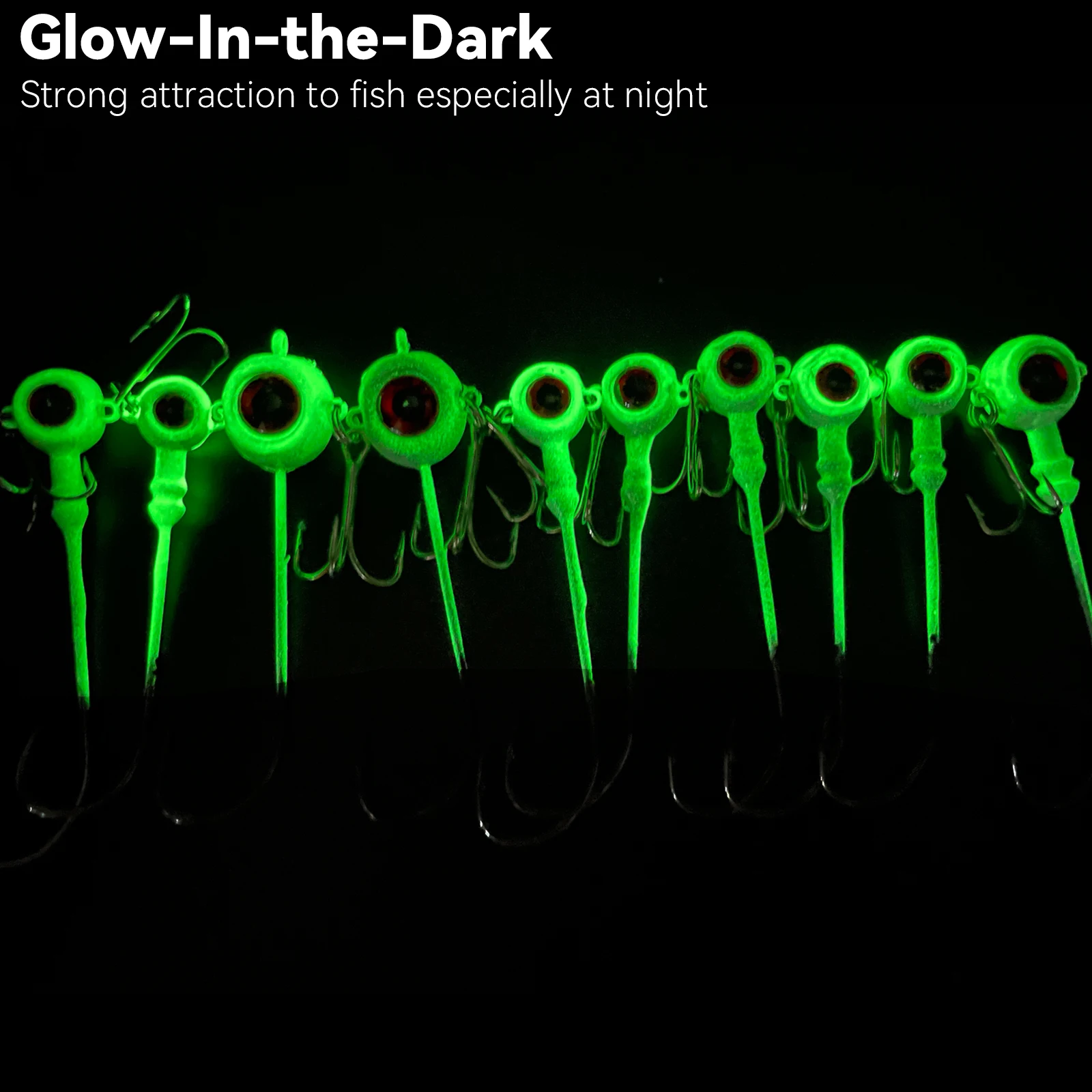 Qualy 10 pièces crochets de tête de gabarit lumineux 5g 7g hameçons à longue tige avec hameçon triple oeil de poisson crochet de gabarits pour leurres souples