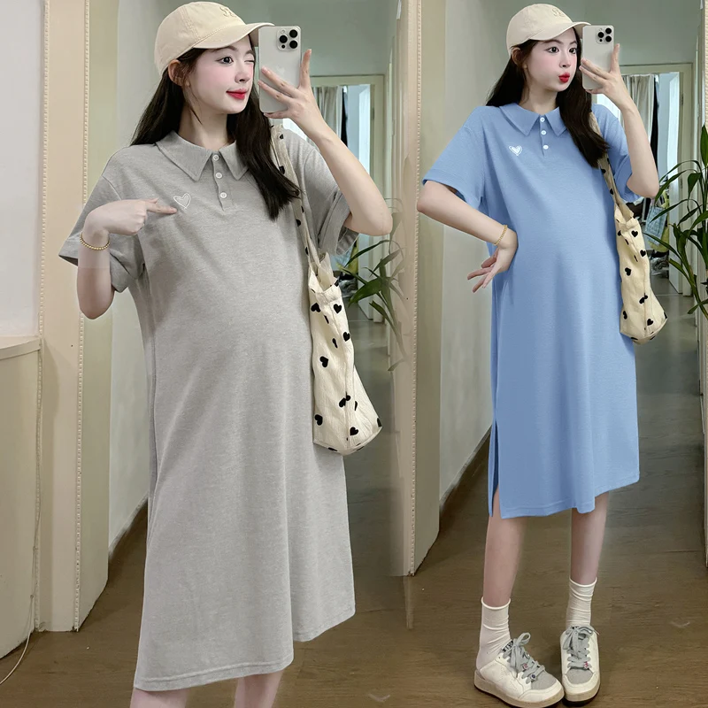 

Summer New Fashion Pregnant Women's Dresses Turn-down Collar Short Sleeve Side Split Maternity Straight Dress Casual Clothes