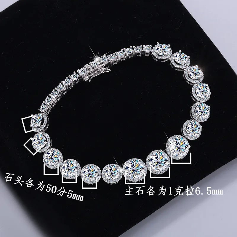 PT950 Platinum Women's Round Pouch Bracelet, 0.5Ct/1Ct Single Moissanite, Luxury Heavy-Craft Sparkly Bangle, 16cm-19cm Length