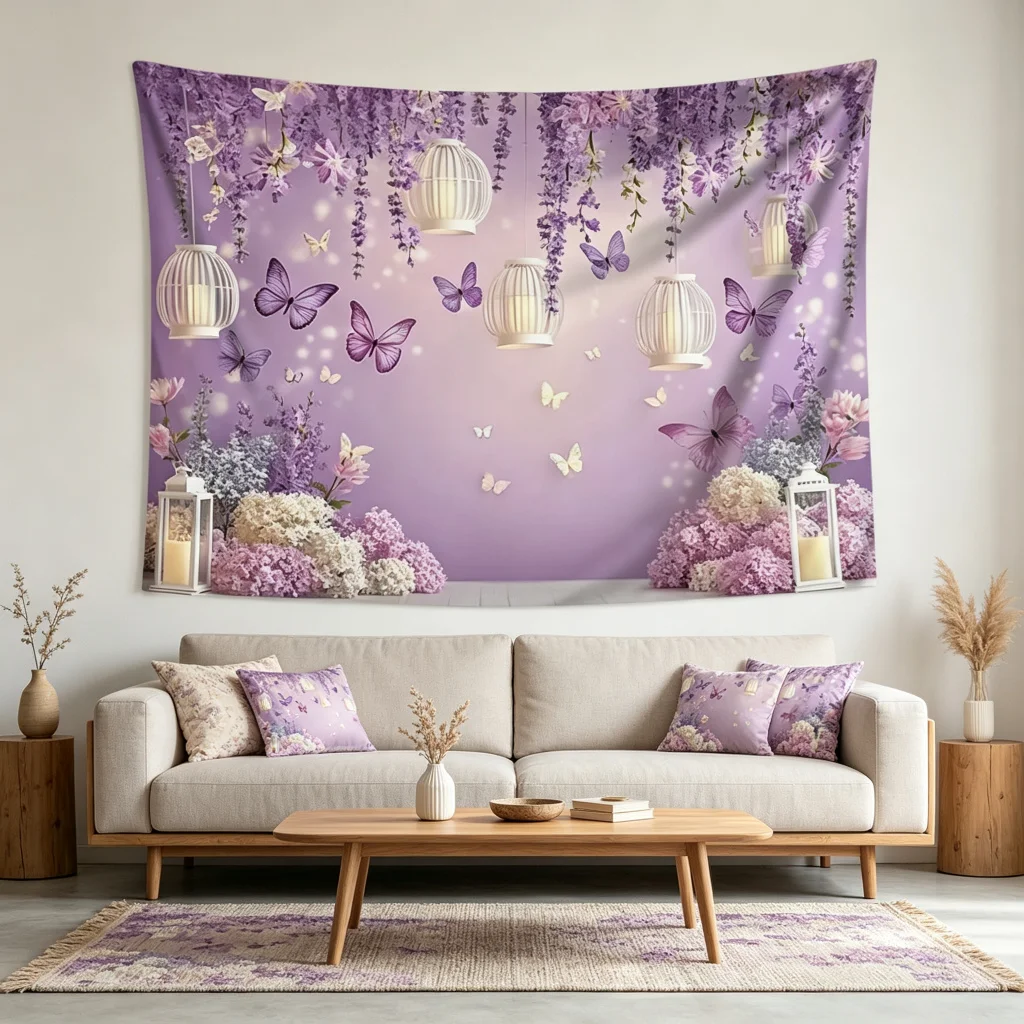 1PC Purple Wisteria Art Print Backdrop Banner, Bedroom Living Room Photo Background, Polyester, Home Decor, Wall Art