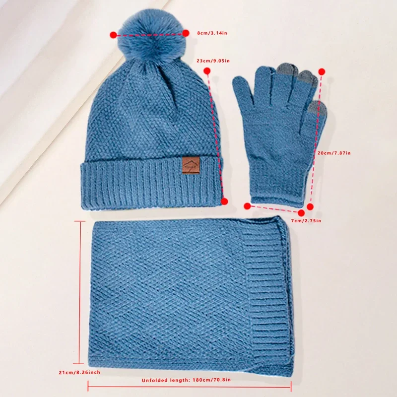 3 Stks/set Winter Muts Sjaal Touchscreen Handschoenen Set Voor Vrouwen Warm Gebreide Fleece Gevoerde Muts Set Lederen Label Bont Ball Cap