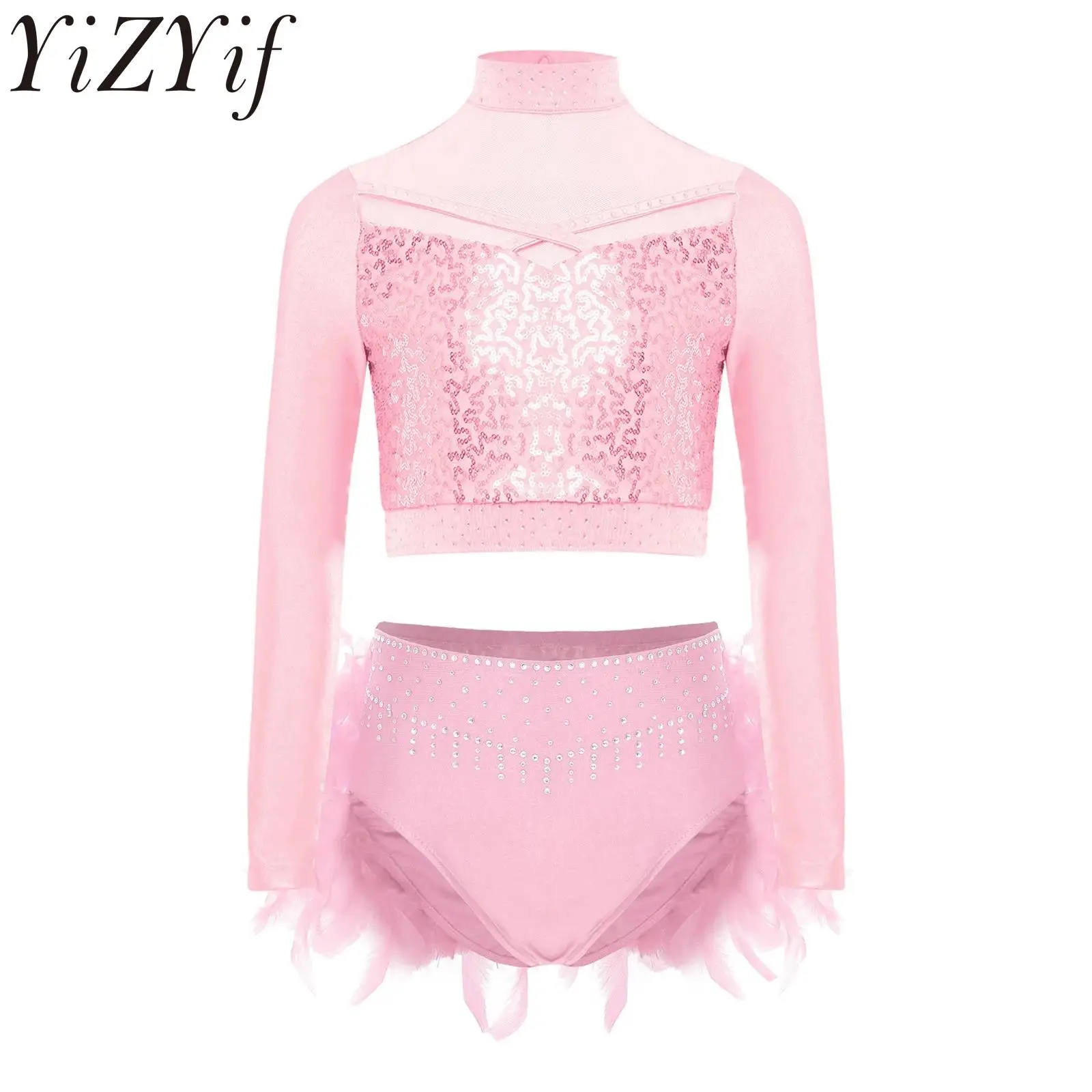 

Kids Girls Ballet Dance Sets Performance Costume Long Sleeves Sequins Crop Top with Feather Dance Bottoms Outfits Dance Show