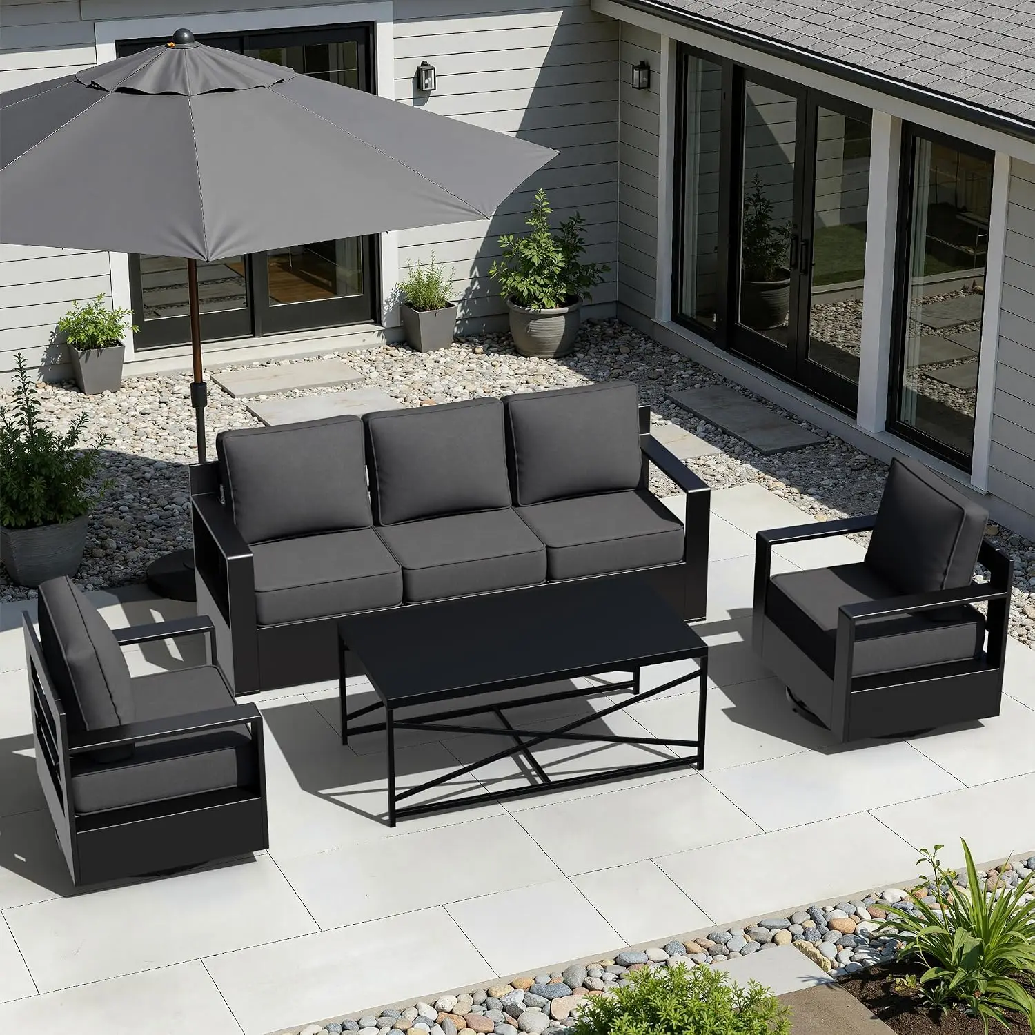Outdoor Aluminum Furniture Set, 4-Piece Patio Conversation Set, 2 Swivel Chairs, 1 Sofa and 1 Table, All-Weather, Customized