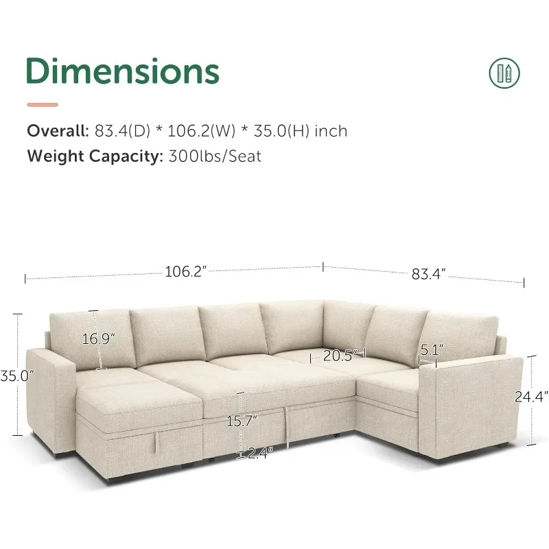 Sofa Tidur Modular dengan tempat tidur yang dapat ditarik keluar, Sofa bersekat-sekat berbentuk U dengan penyimpanan Ottoman Convertible, Sofa 7-tempat duduk, krem