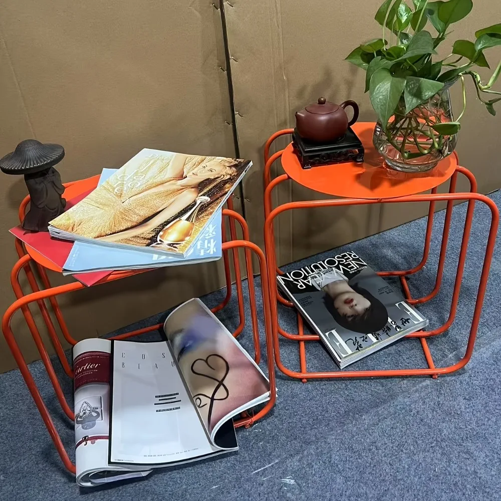 طاولة قهوة معدنية برتقالية عتيقة مكونة من رفين لا تتطلب التجميع وإطار قوي لديكور غرفة المعيشة وغرفة النوم