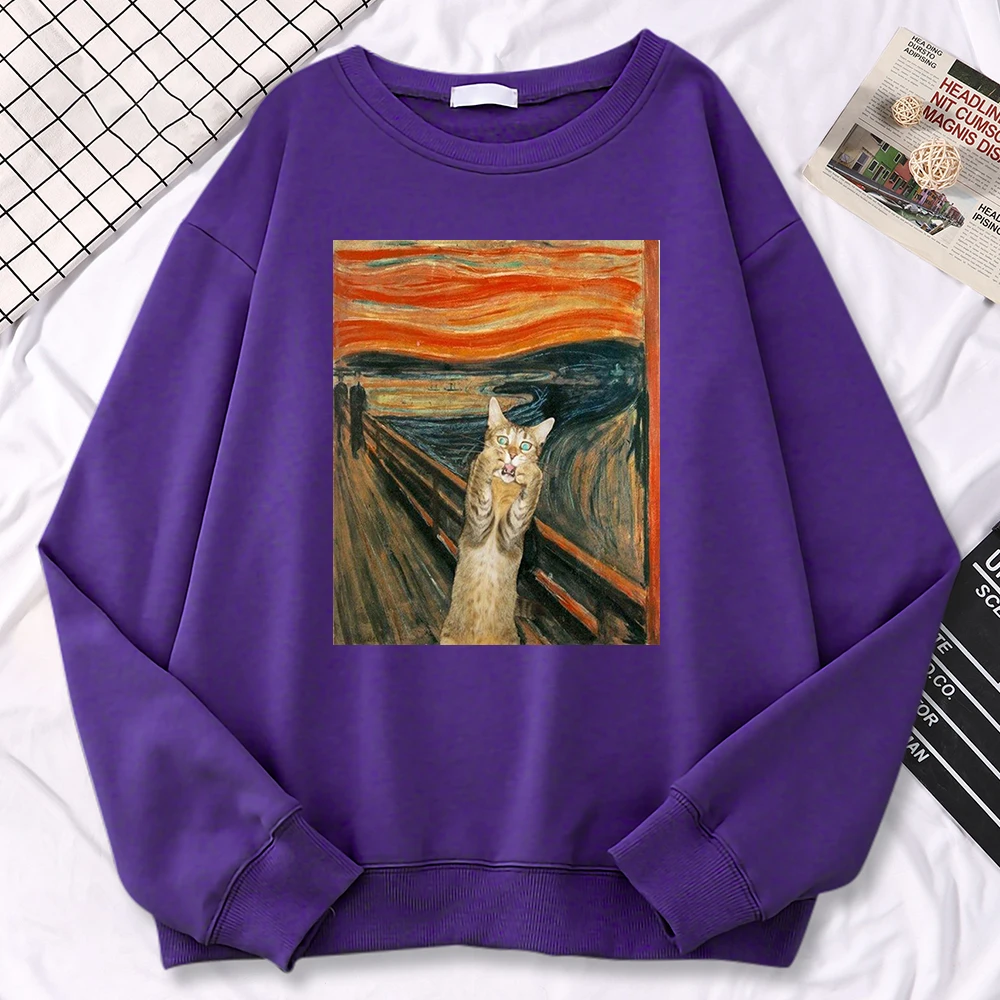 Casual Street Woman Pullover Oil Painting Cat\'S Dusk Print Hoody Comfortable Fleece Sweatshirt Loose Warm Female Sportswears