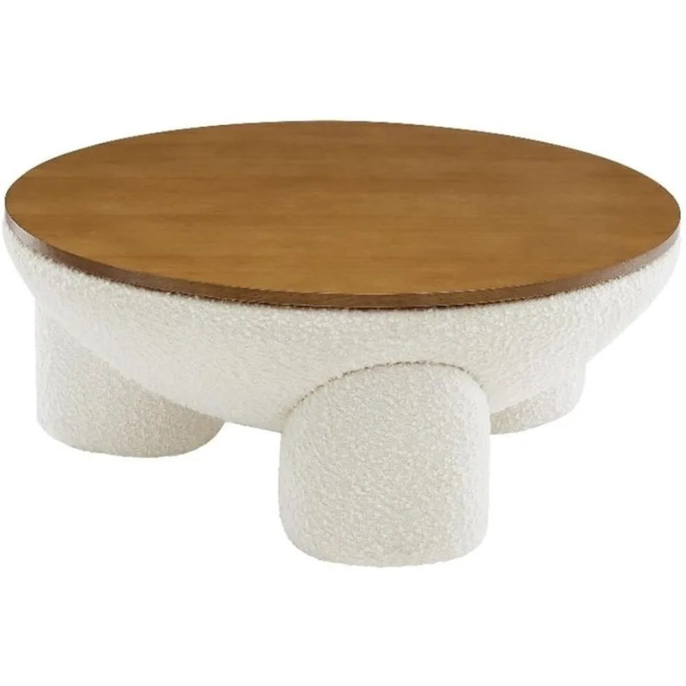 大きな丸い布張りのブークレ生地のコーヒーテーブル、収納付き、ナチュラルアイボリー - 31インチの木製アクセントテーブル