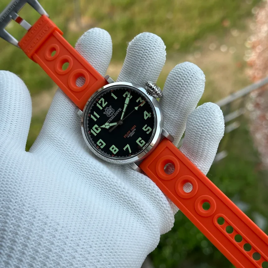 STEELDIVEผู้ชายนาฬิกาอัตโนมัติ 46.5Mm Pilotนาฬิกาข้อมือDiver 20ATMกันน้ําC3 Luminous Sapphire Mirror NH35