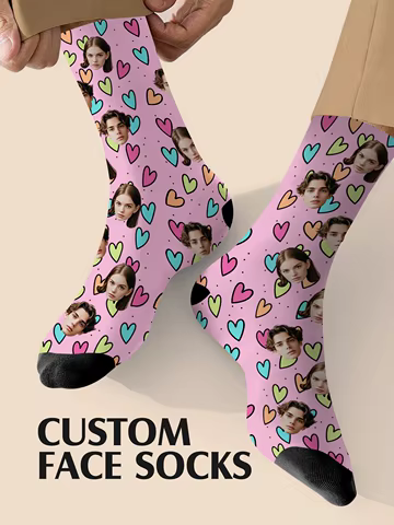 Custom Couple Face Socks Personalized Pink Photo Socks 2 Faces Printed Funny Socks Anniversary Valentine Gift
