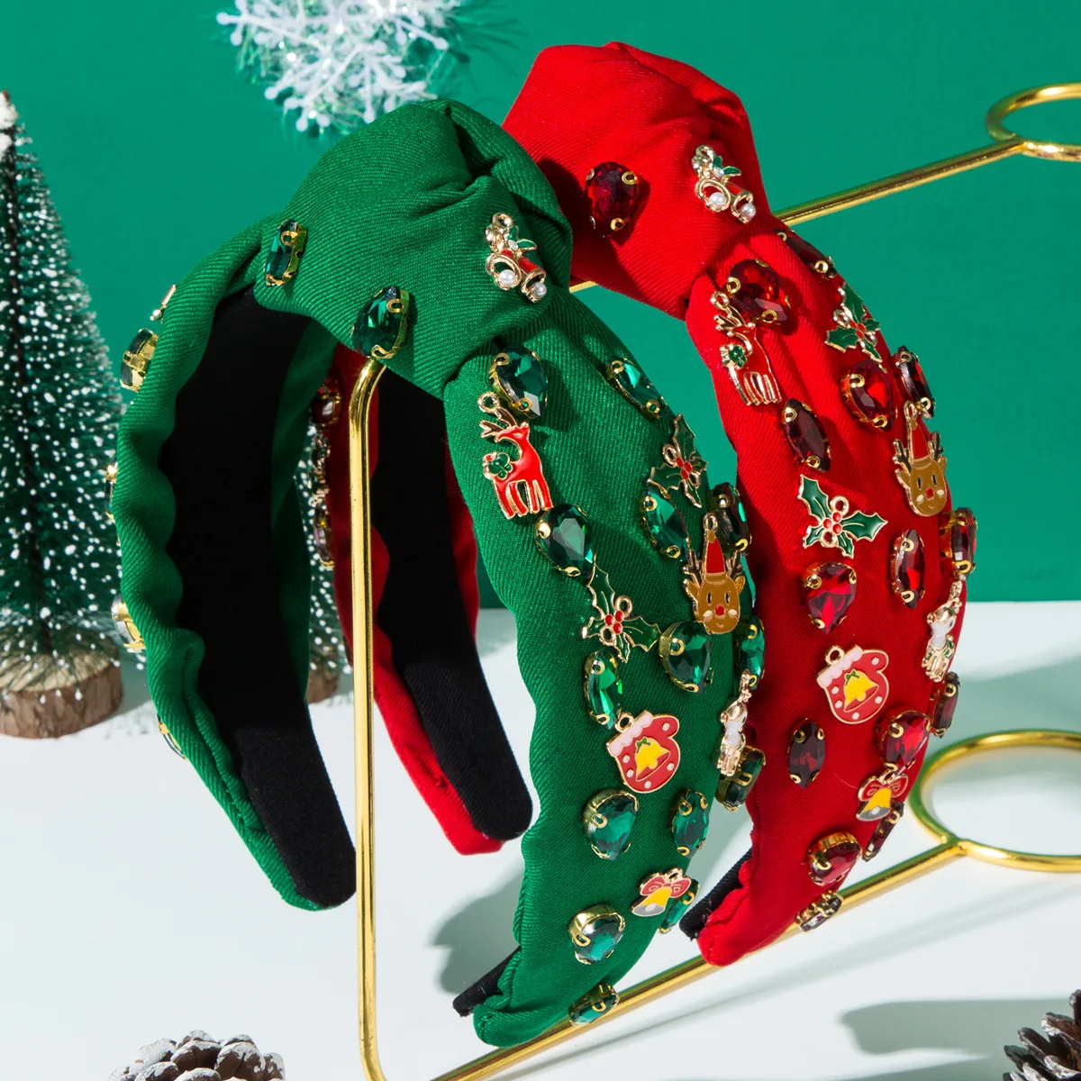 

Enamel Bell Pendant Hairband Luxury Green Red Jewel Headwear Elegant Knotted Broad Hair Hoop Gorgeous Banquet Photo Headpiece