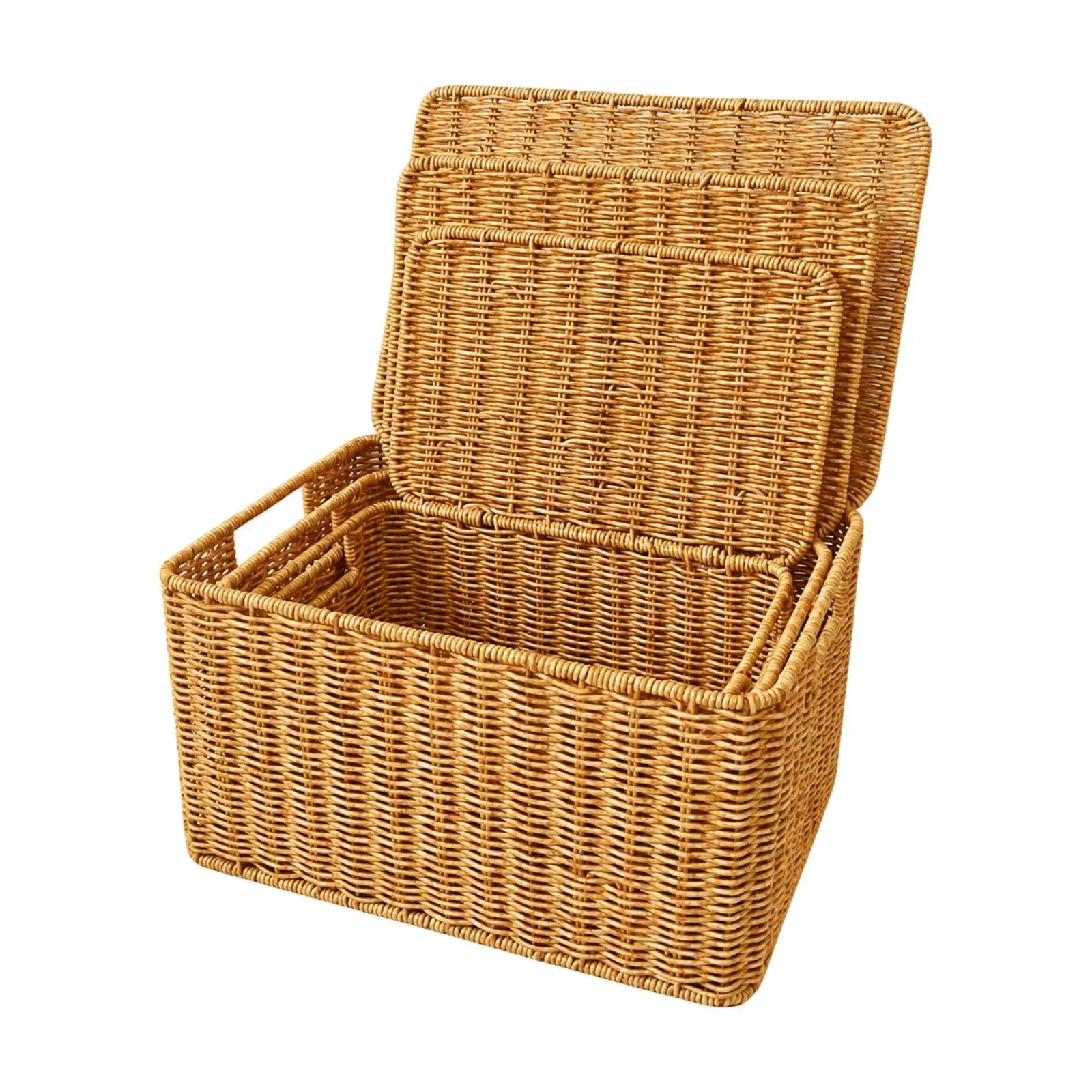 Beige Woven Storage Basket Set of 3 for Home Organization Plastic Basket with Lid for Toys Books Clothes Bathroom Countertop