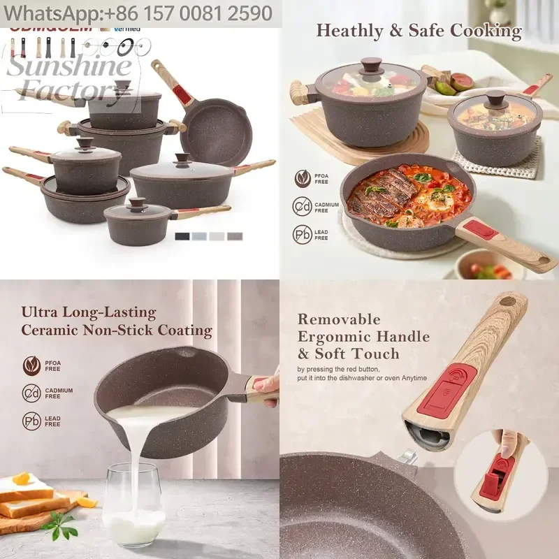 Factory Wholesale 13 Piece Cast Aluminum Cookware Set Ceramic Coating Pan and Pot Set with Removable Handle