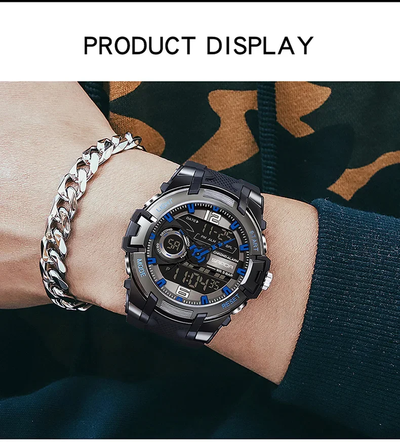 Sanda 6015 Fashion Sports Hand Clock For Teenagers Multiple Functions Waterproof Luminous Analog Digital Men’s Watch