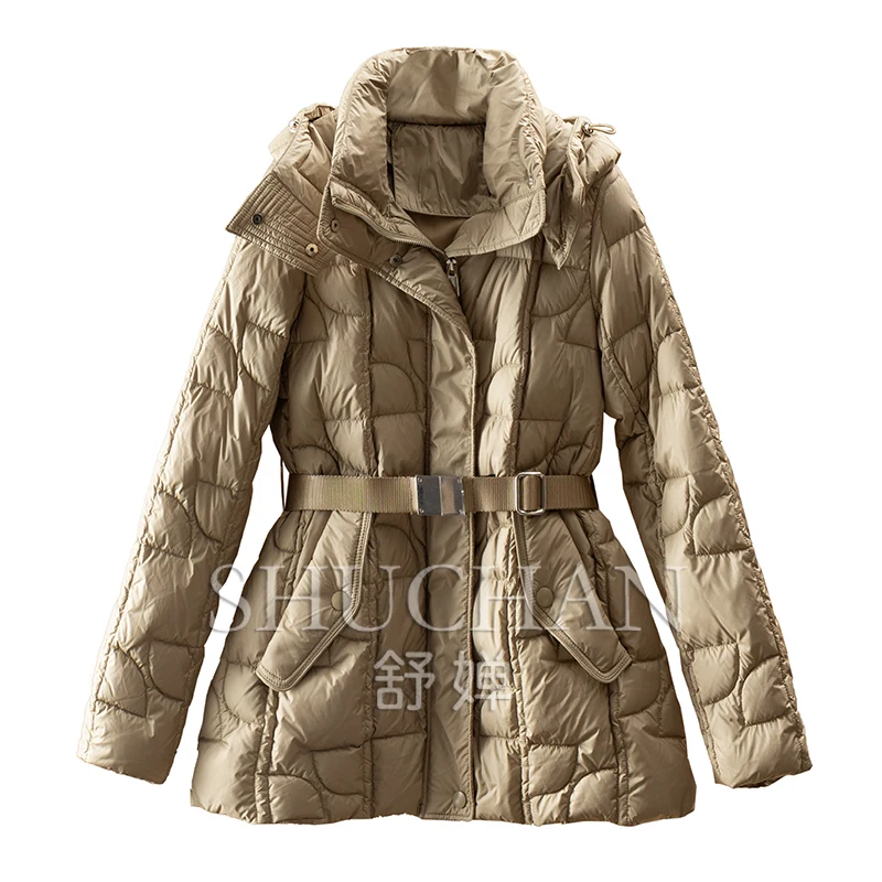 Thin 90 Goose Down Belt Waist Hooded Down Jacket Women  Casacos De Inverno Feminino Frete Grátis  Jacket Women