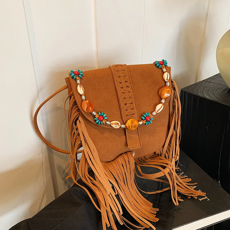 2024 Autumn New Fashion Handbag Shoulder Bag Imitation Deerskin Velvet Fringed Bag Large Capacity Oblique Span Bag