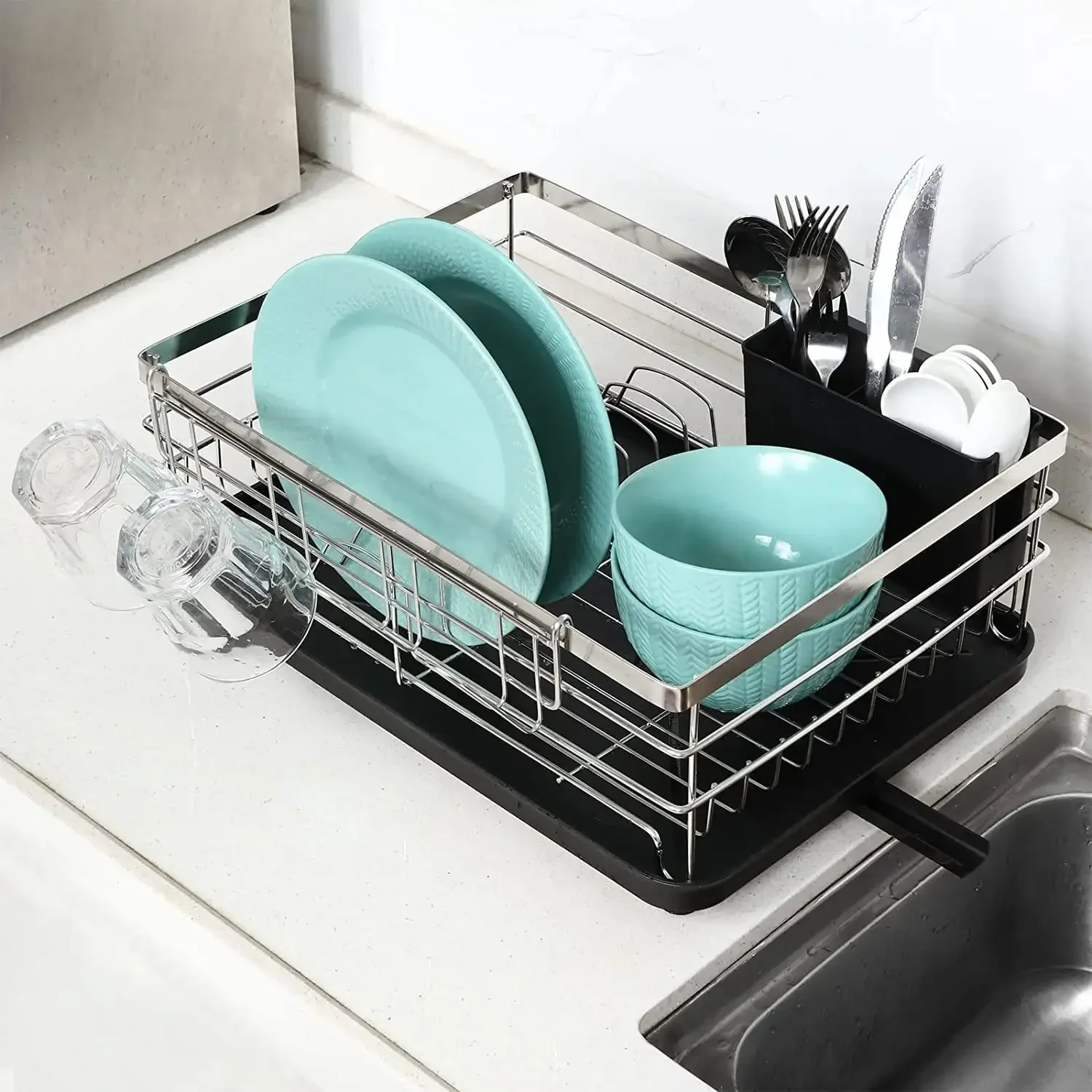 Countertop dish drain rack, stainless steel dish drain rack with cutlery rack, durable, black