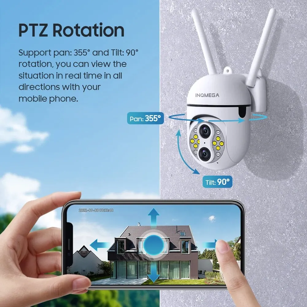 INQMEGA 4MP Dual Lens PTZ Wifi IP Camera10 X Zoom Outdoor HD Full Color Night Vision Human Detection Video Surveillance Cameras