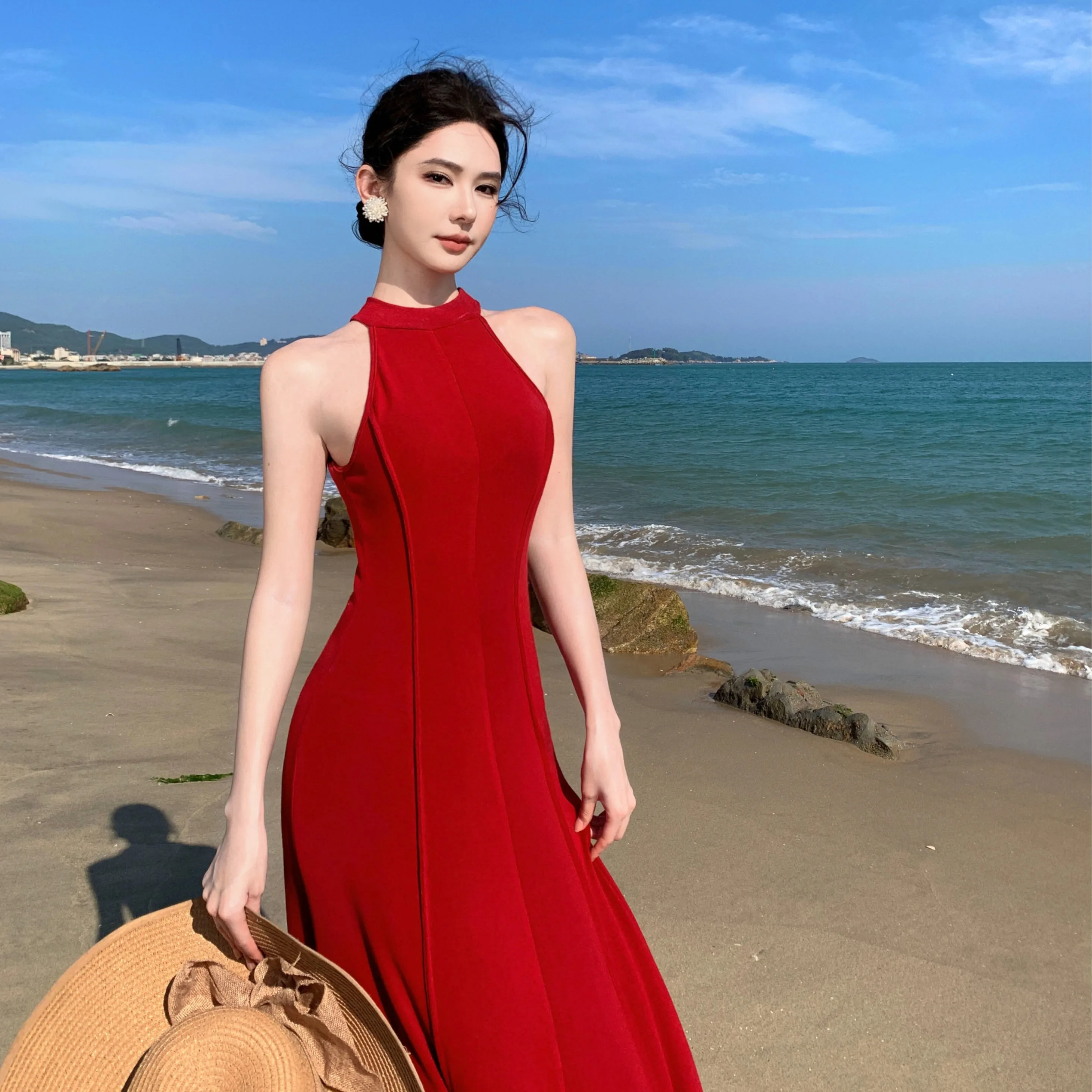 Women's Elegant Off-the-shoulder Red Evening Dress Sexy Backless Cutout Maxi Dress Solid Chic Events Parties Prom Vestidos Robe