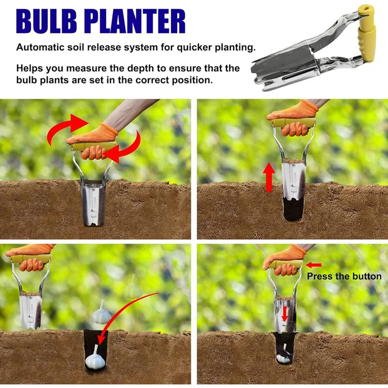 1 Piece Automatic Stainless Steel Soil Release Tool Handheld Bulb Transplanter Tool With 4Inches Depth Mark,