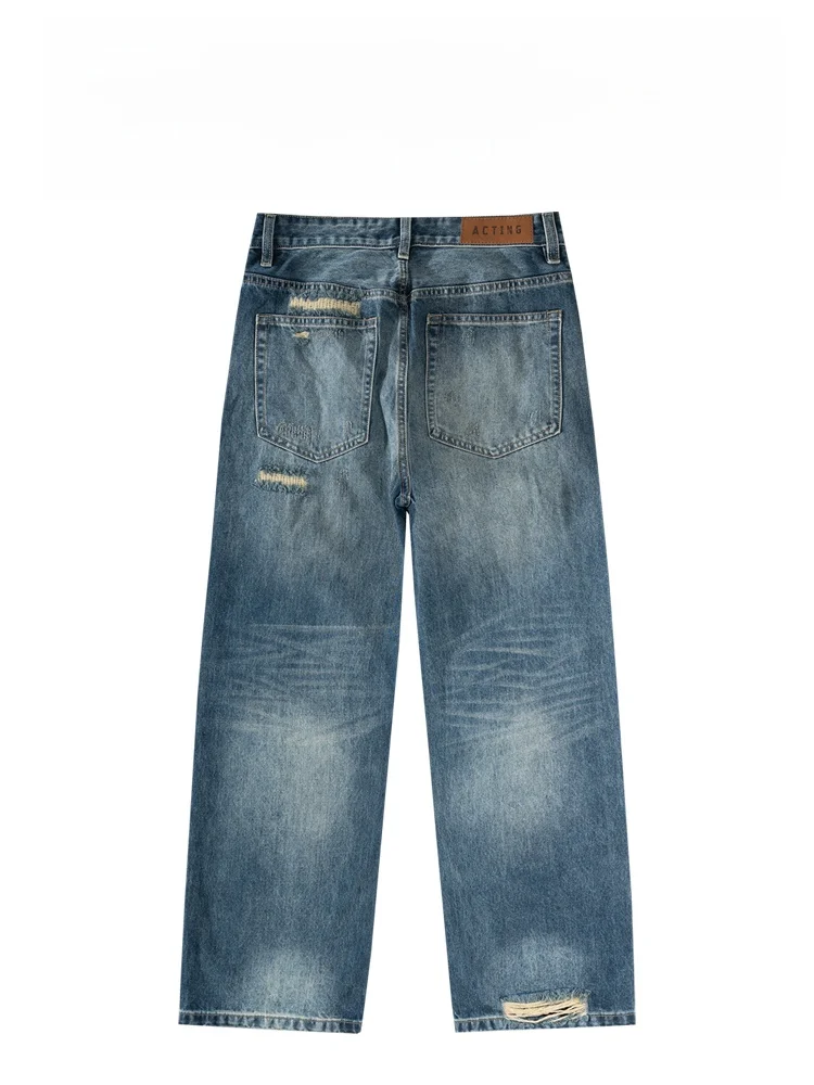 

BAIRBAOLIY Pure Cotton Casual Men's Jeans Hole Design Loose Straight Leg Faionable Long Trousers for Youth Leisure Wear