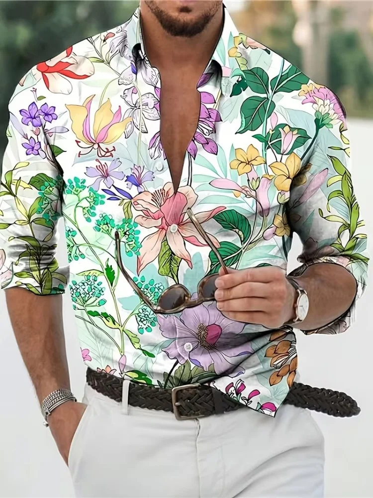 Men's long-sleeved shirt with all-over print of flowers and broad leaves, a versatile shirt for everyday wear and vacations.