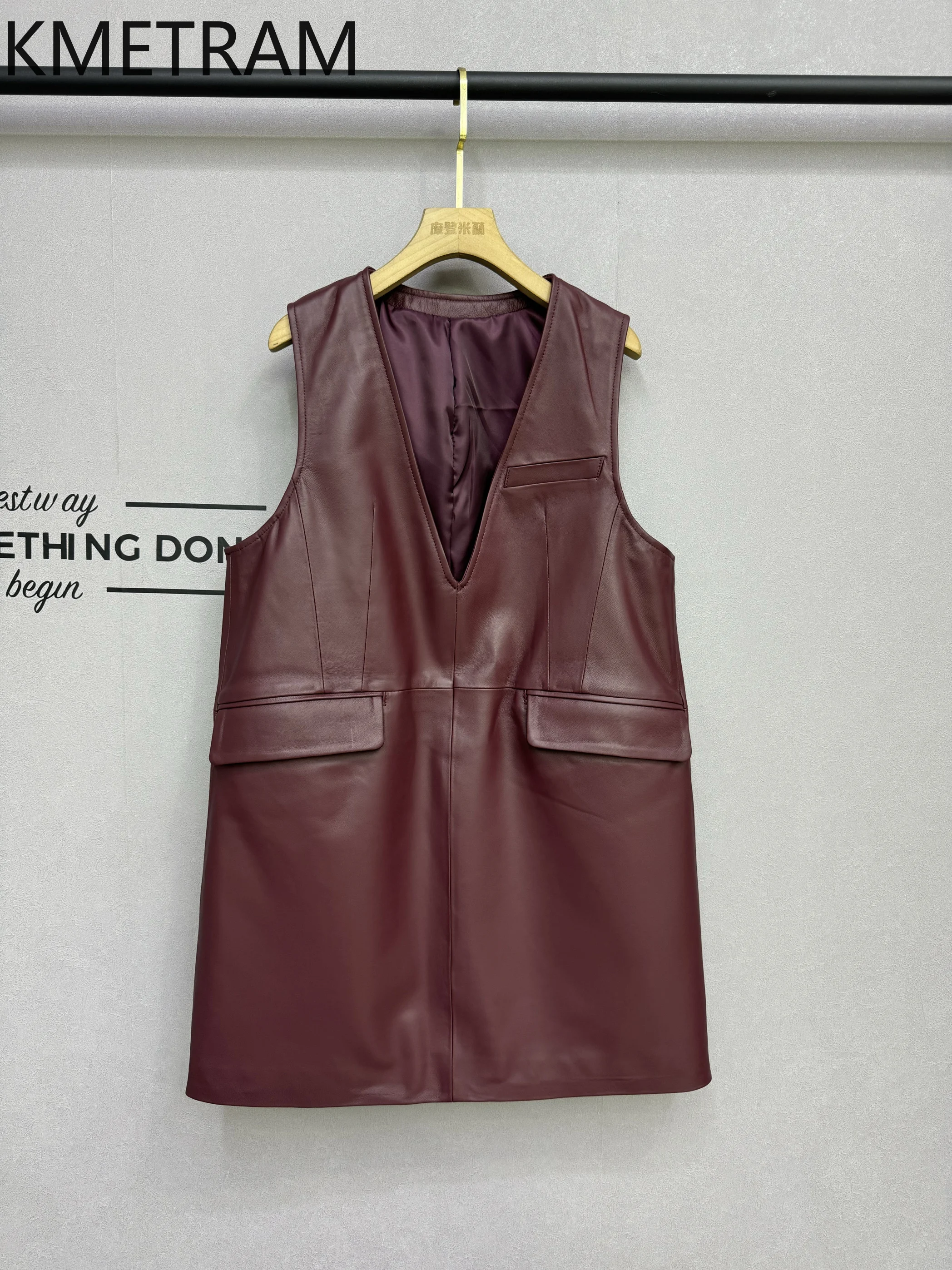 KMETRAM Gaun Kulit Domba Asli 100% Wanita Kerah V Gaun Tanpa Lengan Kulit Asli Baru dalam Kategori Pakaian Luar Musim Gugur 2025 Овчина