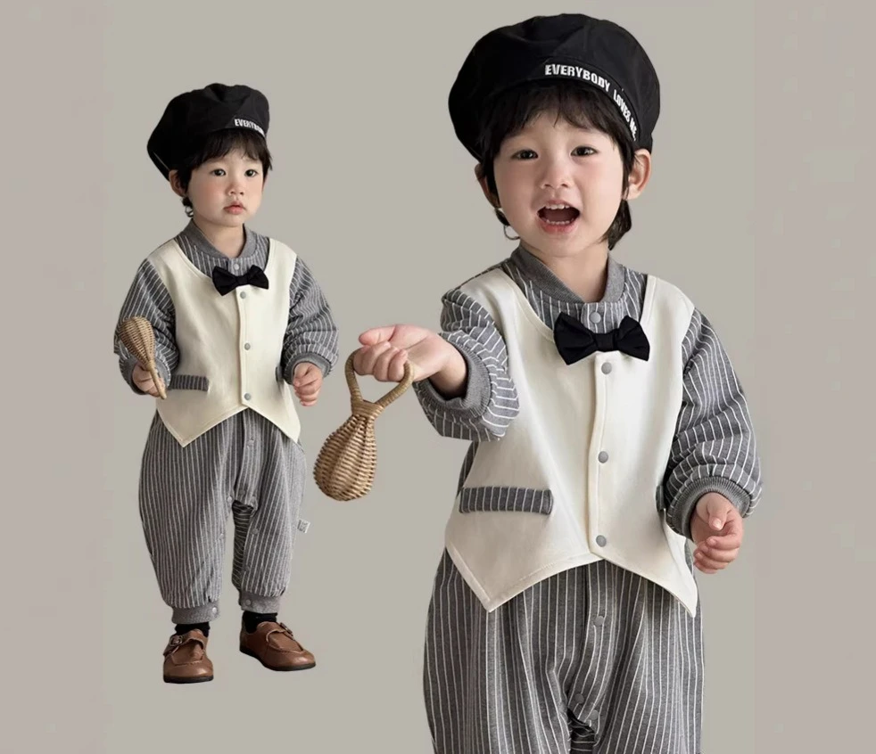 Children's Clothing 2026 Spring New Baby One Year Old Dress Tie Gentleman Baby Jumpsuit Crawling Romper Suit