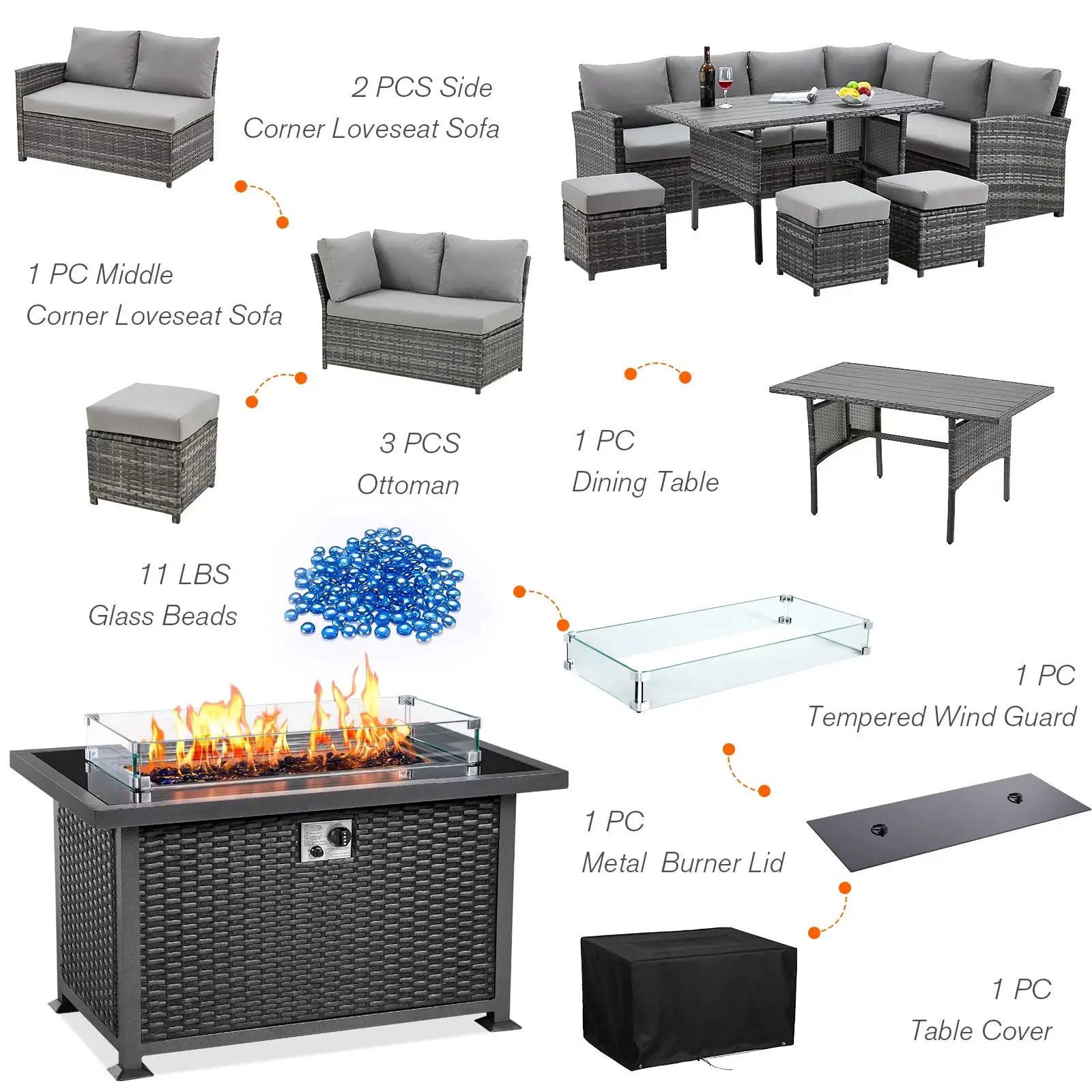 Custom Outdoor Modern Garden Furniture Wicker Rattan Patio Furniture Set With Fire Pit Table Ratan Set Garden Furniture