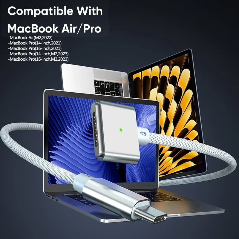 كابل AUFU USB C إلى مغناطيسي 3 لأجهزة الكمبيوتر المحمول 140 وات كابل مغناطيسي من النوع c لأجهزة MacBook Air Pro Mag-Safe 3 سلك شاحن 2 متر